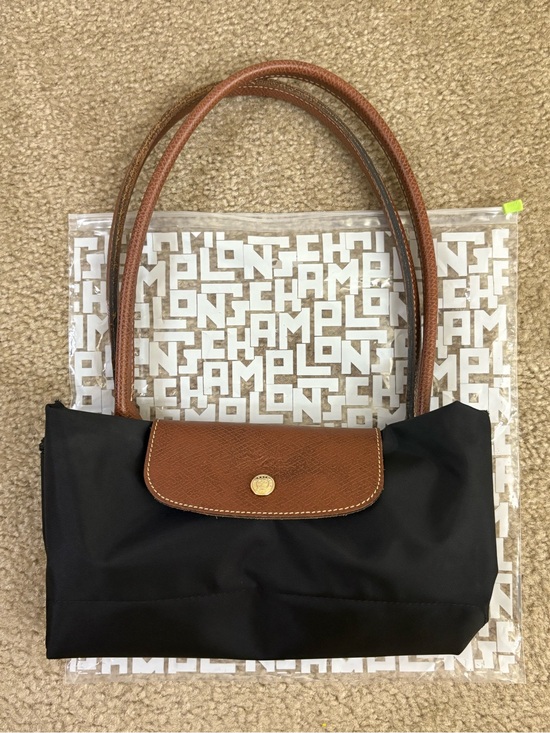 Longchamp Handbags - Longchamp Black Nylon Shoulder Bag with Brown Leather Trim